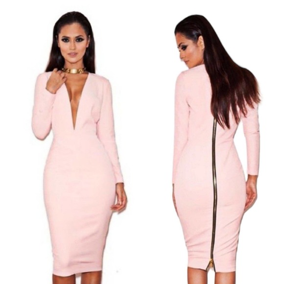 House of CB Womens Dress Dominique Baby Pink Full Zip Deep V Neck Bodycon Sz XS - Picture 3 of 12